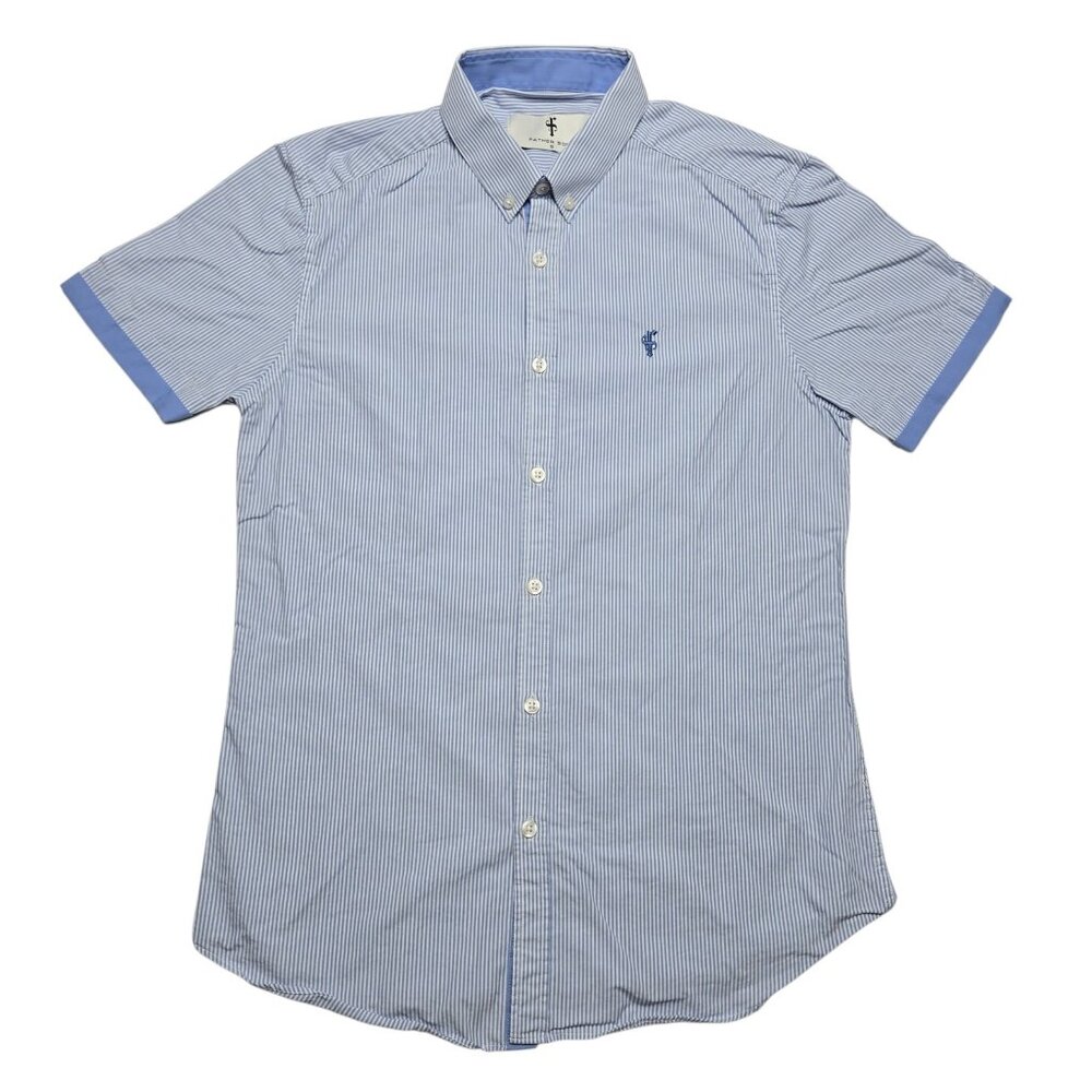 Father Sons Shirt Mens Small Blue White Striped Short Sleeve Button Up Logo - Picture 1 of 12